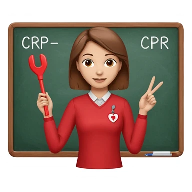 Happy Teacher, female, brown hair up, wearing a red long sleeve top holding a pointer stick to a white board with a CPR logo. sticker