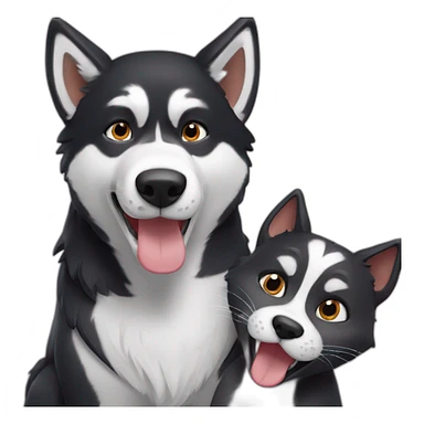 Un husky noir qui prend un selfie avec un chat roux sticker