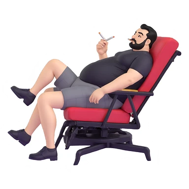 Large man reclining in chair, legs spread, smoking a cigarette, round face, very short black hair, well-groomed beard with mustache, light skin, black t-shirt with light stripes at top riding up to show belly, black shorts, arms covered in black graphic tattoo patterns with designs visible on forearms and shoulders sticker