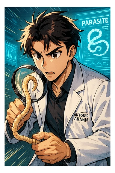 A dynamic manga/webtoon-style illustration of a young male kinesiologist wearing a clean white lab coat, analyzing light beige worms like a tapeworm under a magnifying glass. His expression is focused and slightly intrigued, with sharp, detailed eyes. The art style is vibrant, with bold linework, rich colors, and dramatic lighting. The background is a futuristic laboratory with glowing holographic screens displaying parasite data. The tapeworm is intricately drawn, slimy and segmented, with a slightly exaggerated yet realistic texture. The composition is dynamic, with motion lines or energy effects to emphasize his scientific investigation. The atmosphere is intense but not dark, keeping a balance between scientific seriousness and stylish manga aesthetics, he has "ANTONIO ANANIA" WRITTEN ON WHITE LAB COAT sticker