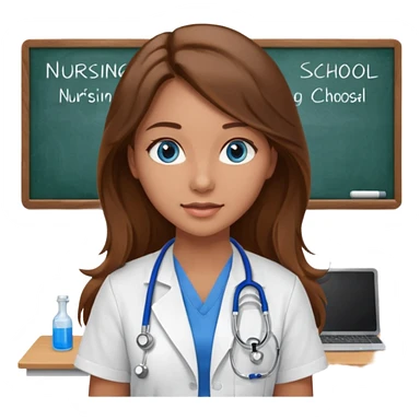 inside a classroom at university that says nursing school on the board with a pretty female nursing student with long brown hair, blue eyes sticker