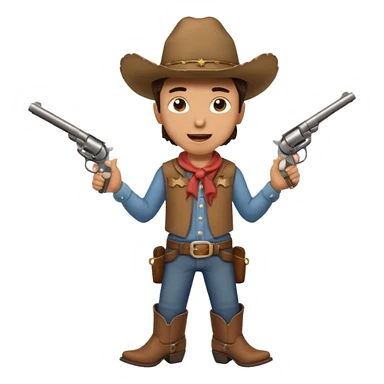 A young cowboy with oversized boots, excited expression, and a tiny toy revolver.
 sticker