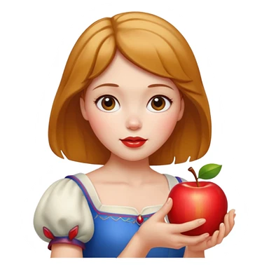 Create an emoji of Snow White holding a red apple, with short golden-brown hair. sticker