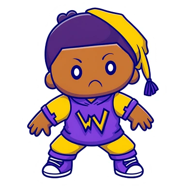 voodoo doll wearing wu-tang clan yellow and black outfit with W logo sticker