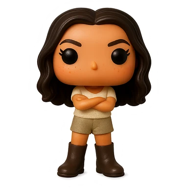 Enhance the image quality with smooth golden peach skin and a healthy glow, dark hair with subtle auburn highlights, dark greige leather boots, textured clothing (cream top, greige bottom), arms crossed, rosy cheekbones, very subtle freckles, no neck visible, eyebrows with a mischievous and playful expression, no mouth, transparent background. Maintain the original style and details from the reference image. sticker