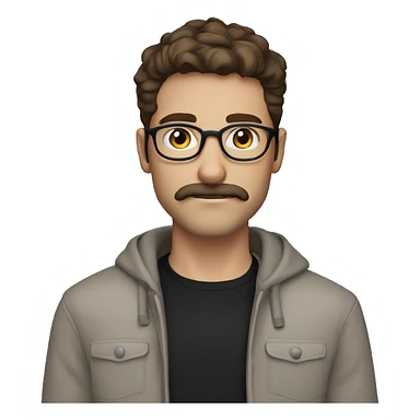 Guy, brown hair, moustache and stubble, blue eyes, round glasses, wearing a black jumper sticker