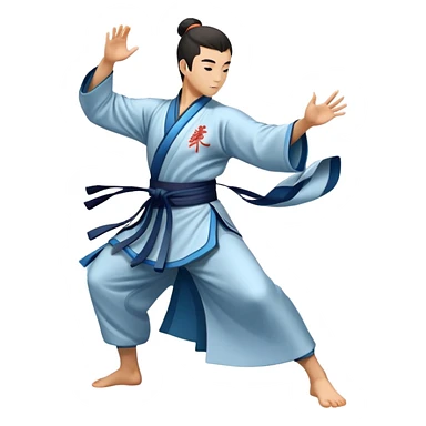 Emblem symbolizing Wushu martial arts. A graceful martial artist performs a dynamic kung fu pose, with flowing movements and a long, elegant robe. The background features stylized clouds and traditional Chinese symbols, representing fluidity, balance, and precision. Transparent background. sticker