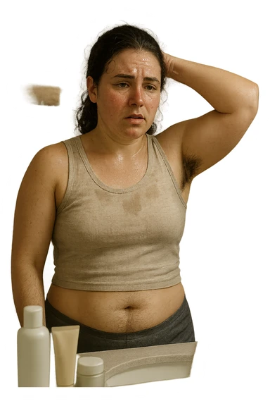 Donna tra i 25 e i 35 anni in un bagno o camerino, con espressione affaticata e leggermente imbarazzata, mentre si osserva allo specchio. È visibile una sudorazione abbondante sulla fronte e sotto le ascelle, e si notano peli più marcati su viso (mento o baffetti), addome e braccia. Indossa abiti leggeri o sportivi, e ha accanto a sé asciugamani e prodotti per la cura della pelle. Atmosfera realistica ma intima, con luce naturale e toni neutri. L'immagine trasmette consapevolezza, frustrazione e il desiderio di trovare soluzioni. Stile realistico, tono empatico e umano sticker