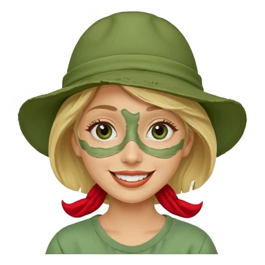 messy green clay mask and red tourist hat blond braided woman big eyes smiling and clay mask on face sticker