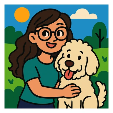 cute cartoon style brunette female with glasses and her cream colored goldendoodle sticker