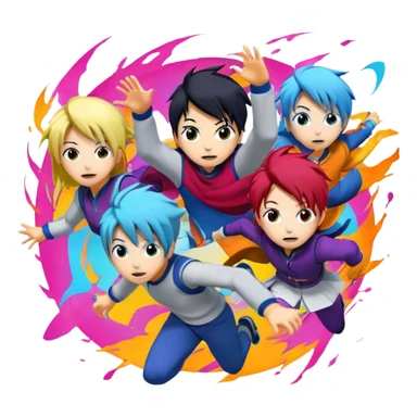 Icon for Anime: vibrant, dynamic scene with anime characters in action, featuring exaggerated expressions and colorful backgrounds. The design should reflect the distinct, energetic style of anime, with iconic eyes and unique visual elements. Transparent background. sticker