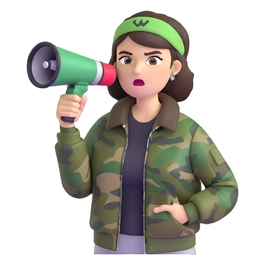 woman with green headband, camo jacket, holding a megaphone, angry expression sticker