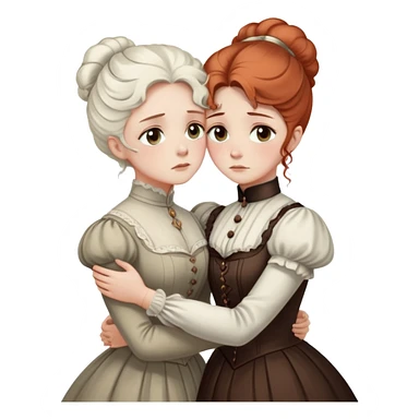 Two Victorian women with light eyes, one with white coiffed hair and one with copper coiffed hair, wearing Victorian high-neck dresses, embracing in a sad intimate hug sticker