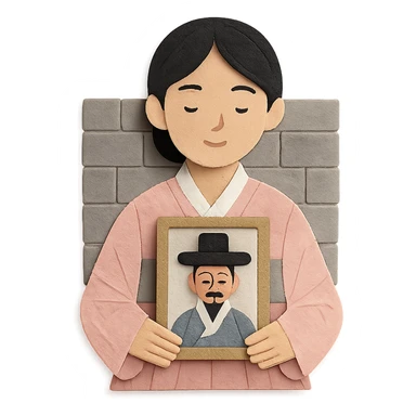 a young woman in a pale pink, sheer hanbok holding a traditional Korean portrait in front of a grey stone wall, paper craft style sticker