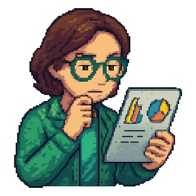 A woman wearing glasses and looking at data, in pixel art style, with no background. Pixel art style is pixelated and blocky. sticker