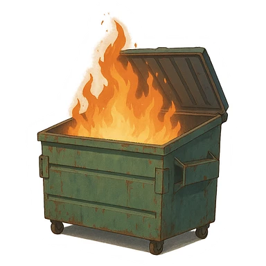 a dumpster, no lid, the lid is open, on fire sticker