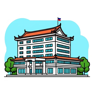 Bangkok hospital with traditional Thai roof details and modern medical facility sticker