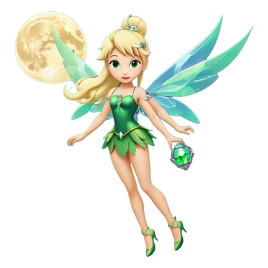 Isolated, 3D rendering, Tinkerbell with futuristic cyberpunk style and colors, ultra detailed wings, flying above the fluffy clouds near the moon, blonde long shiny hair,  emerald jewel green eyes, overall design to have bright, vivid colors, full body view. sticker