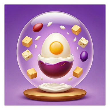 Floating orb of warm light containing mini bright icons: red meat, golden egg, purple beans, translucent tofu block and yogurt glass, slowly rotating around a radiant body figure that radiates strength and balance sticker