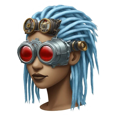 Light blue long dreadlocks female cyborg head with red steampunk goggles and circuits sticker
