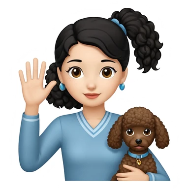 Ponytail black hair girl with brown Poodle say goodbye  sticker