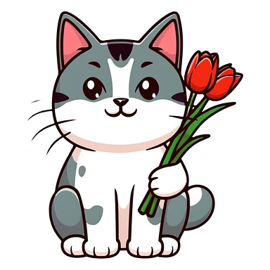 tricolor fluffy cat with big green eyes holding red tulips in her arms sticker