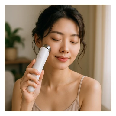 Korean woman doing skin care with a beauty device, stylish hairstyle, relaxed atmosphere sticker