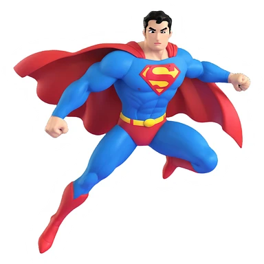 ultra-realistic 3D emoji of Superman, heroic and energetic, flying through a dramatic sky, blue suit, red cape, glowing yellow 'S', muscular build, chiseled jaw, signature black hair curl, sunlight beaming, vibrant colors, shiny and crisp sticker