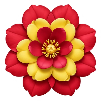 simple red camellia flower with exactly five overlapping petals and yellow center sticker