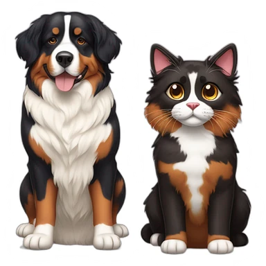 A Bernese dog next to A tortoiseshell cat without white sticker