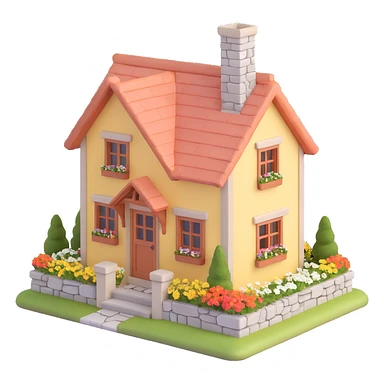 3D house cozy cottage style, chimney, flower boxes, stone details sticker