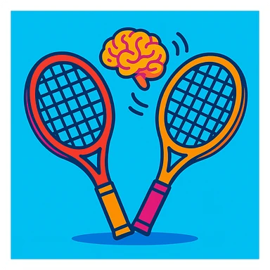 two tennis rackets facing each other with a brain emoji bouncing around between them, vibrant cartoon style, playful and colorful sticker