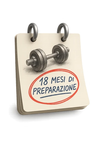 foglio di calendario con manubri da palestra disegnati e la scritta a penna "18 MESI DI PREPARAZIONE" CERCHIATA IN ROSSO, FALLO MOLTO REALISTICO IN 3D sticker