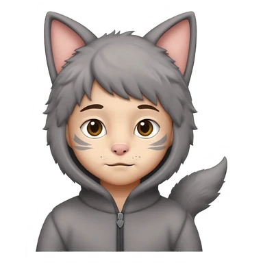 Boy kid in gray cat suit with tail and ears sticker
