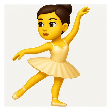 Create a ballerina emoji exactly like the reference image but without the cup head. The emoji should be in iOS emoji style, featuring a classic ballerina pose with a tutu, elegant, smooth, and shiny appearance. Add a subtle highlight to the emoji. sticker