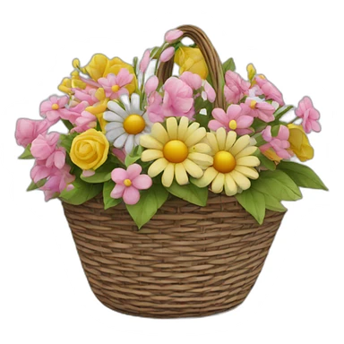 basket of artificial flowers with black ribbon sticker
