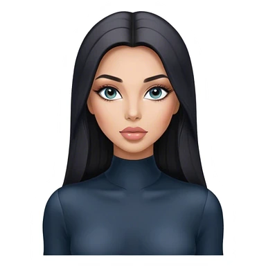 Glamours, tanned, very beautiful girl, with big pump peach-beige-rose lips, long long lashes, black straight smooth silky long hair, straight parting hair, blue-grey eyes in black long-sleeves bodysuit sticker