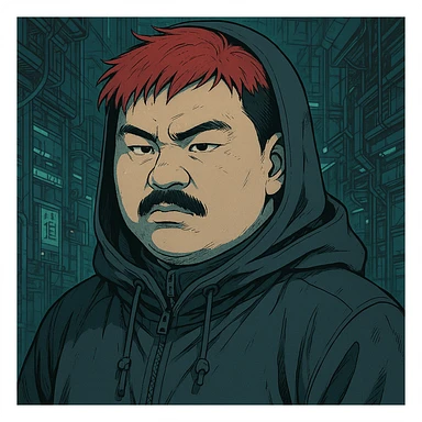 Asian man with a round face, black mustache, red hair, black hoodie, Japanese manga style inspired by Ghost in the Shell, more anime-like features, cyberpunk atmosphere, detailed linework, subtle color accents sticker