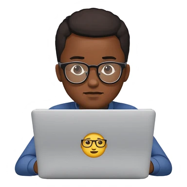 Black man wearing glasses focused on a laptop, emoji style sticker