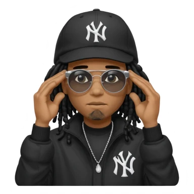 African American man with shoulder length black dreadlocks wearing black sunglasses with black bubble winter coat wearing a New York Yankees baseball hat with his hands on top of head in thinking position sticker