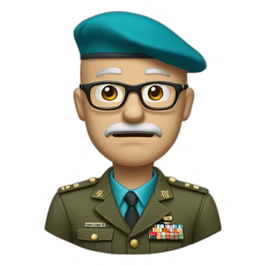 Realistic cyan beret bald very furious 50 years old man with glasses no hair furious very angry frown with khaki uniform sticker
