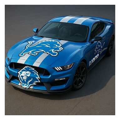 A Ford car decorated in Detroit Lions colors and logo, blue and silver, with a roaring lion emblem on the hood, sporty and bold. sticker
