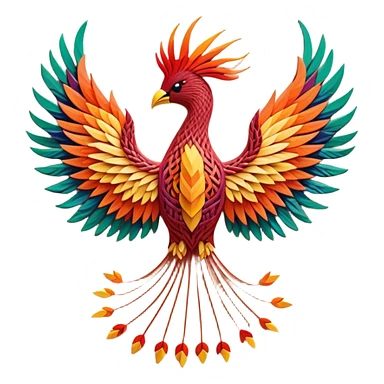 String art icon, colorful threads forming a detailed, vibrant phoenix (firebird) in front view, intricate patterns, pins on a board, minimalistic style, clean lines, transparent background. sticker