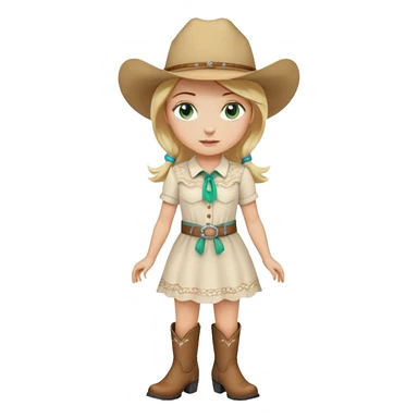 cowgirl bionda con occhi verdi/azzurri con un vestito bianco stivali e cappello beige sticker