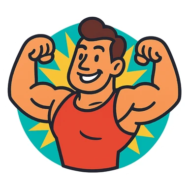 strong man, cartoon style, exaggerated muscles, friendly face, bright background sticker
