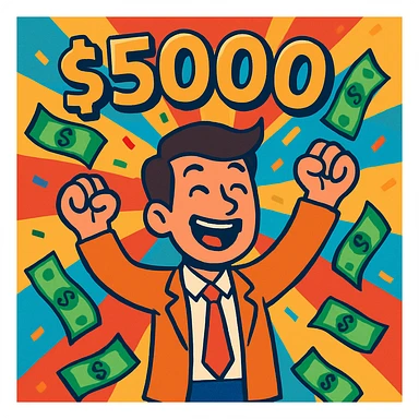 a man celebrating with money flying around him, symbolizing making $5000, vibrant colorful style sticker