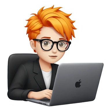 young freelancer with bright hairdo and glasses with thick black frames works on laptop sticker