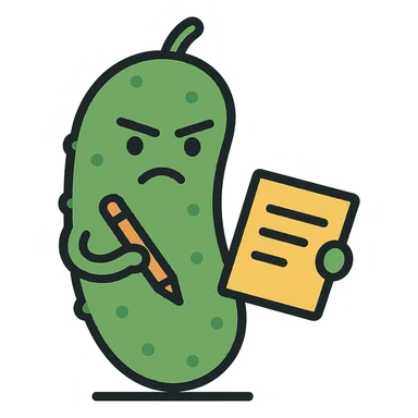 Make the pickle look suspicious while writing in a notepad, keeping the color outline icon style, with no background. sticker