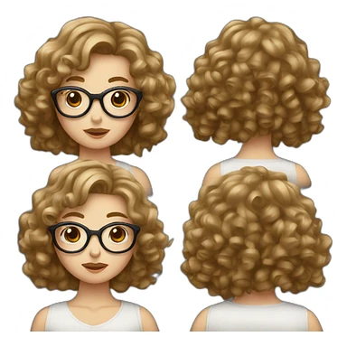 White girl with curtain fringe, curly and brown hair and glasses sticker