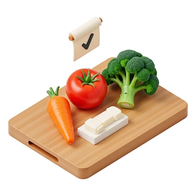 carrot tomato brocoli on the wooden cutting board with floating rolled paper list with checkbox sticker